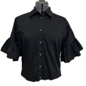 D. Exterior Made in Italy Black Ruffle Belted Poplin Top, Size Small
